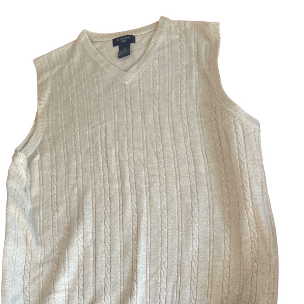 DOCKERS Mens V Neck Cable Knit Sweater Vest M‎ Beige Acrylic Sleeveless - Picture 5 of 5